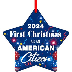 WhatSign First Christmas As an American Citizen Ornaments 2024 New US Citizen Ornaments for Christmas Tree American Citizenship Christmas Ornaments Gifts for New US Citizen American Citizenship Gifts