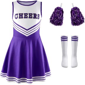 DFZ 3 Pcs Girls Halloween Cheerleader Costume Outfit Set Fancy Dress Uniform with Pom Poms for Party