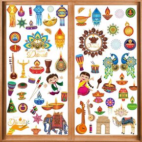 HOWAF 9 Sheets Happy Diwali Party Decoration Window Clings, Deepavali Festival Window Stickers for Festival of Lights Party Home Classroom Decoration, Hindu Diwali Party Supplies Window Decals