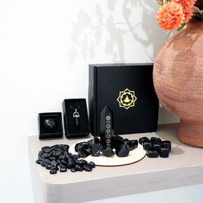 Black Obsidian Healing Crystal Set - Includes Tower, Tumbled Stones, Raw Stone, Necklace, Heart, Chips - Meditation, Chakra Balancing, Energy Healing, Reiki, Decoration