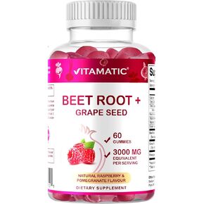 Vitamatic Beet Root Gummies - 3000 mg Equivalent Per Serving - 60 Gummies - Made with Vitamin B6, B12, Grape Seed, Pomegranate & Nicotinamide