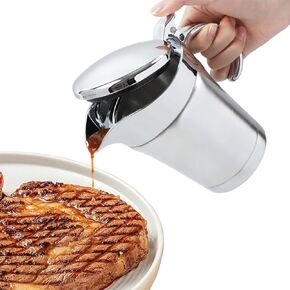 Double Insulated Gravy Boat, 18/8 Stainless Steel Sauce Jug Gravy Boat with Hinged Lid - Ideal for Gravy or Cream at Thanksgiving, Halloween, Christmas, Dishwasher safe (450ML/16 OZ)