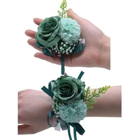2PCS مجموعة بوتونيير المعصم زهرة الورد، العروة للرجال الزفاف الأبيض روز الصدار السوار للنساء العروس وصيفه الشرف المعصم الصدار لحفلات الزفاف حفلة موسيقية زينة (الأخضر الداكن)