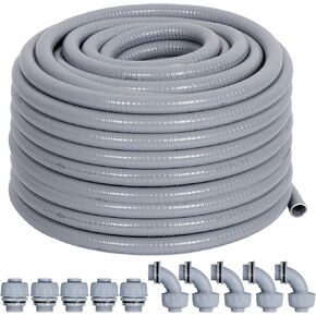 Liquid-Tight Conduit 100 ft and 10 Pieces of Connector Kit, Electrical Conduit 3/4 100ft w/UL Certification, Flexible Conduit with 5 Straight and 5 90-Degree Conduit Connector Fittings