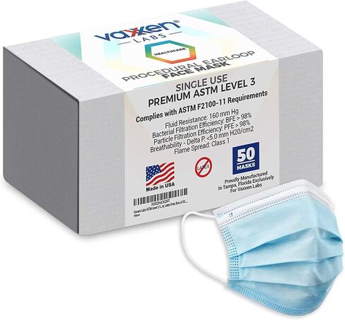أقنعة الوجه الإجرائية ASTM المستوى 3 (صندوق مكون من 50 قطعة) - مقاس البالغين L/XL - صنع في الولايات المتحدة الأمريكية in Kuwait