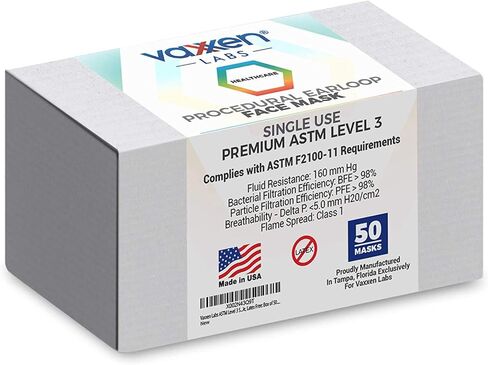 أقنعة الوجه الإجرائية ASTM المستوى 3 (صندوق مكون من 50 قطعة) - مقاس البالغين L/XL - صنع في الولايات المتحدة الأمريكية in Kuwait
