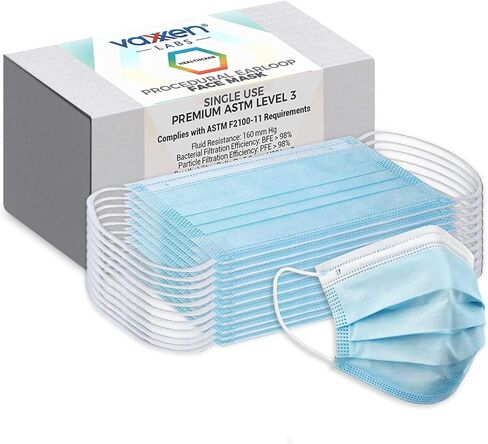 أقنعة الوجه الإجرائية ASTM المستوى 3 (صندوق مكون من 50 قطعة) - مقاس البالغين L/XL - صنع في الولايات المتحدة الأمريكية in Kuwait