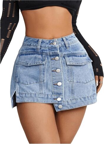 Women's High Waist Denim Skorts Button Front Asymmetric Hem Y2K Casual Jean Skirts Blue Petite-XXS in Saudi Arabia