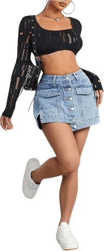 Women's High Waist Denim Skorts Button Front Asymmetric Hem Y2K Casual Jean Skirts Blue Petite-XXS in Saudi Arabia