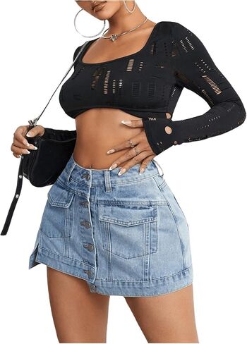 Women's High Waist Denim Skorts Button Front Asymmetric Hem Y2K Casual Jean Skirts Blue Petite-XXS in Saudi Arabia