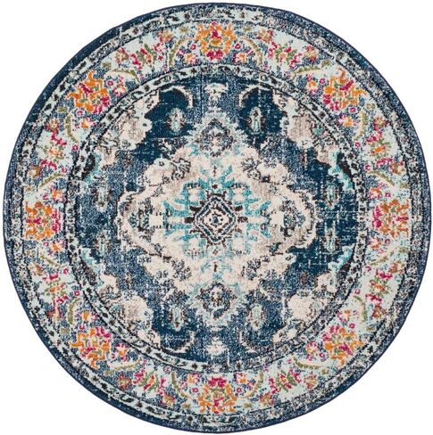 SAFAVIEH Monaco Collection Area Rug - 8' Round, Navy & Light Blue, Boho Chic Medallion Distressed Design, Non-Shedding & Easy Care, Ideal for High Traffic Areas in Living Room, Bedroom (MNC243N) in Saudi Arabia