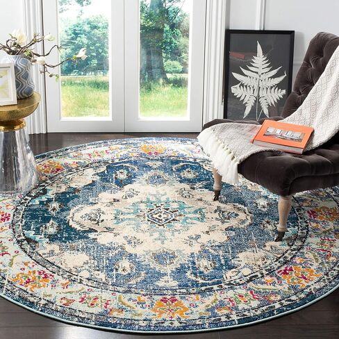 SAFAVIEH Monaco Collection Area Rug - 8' Round, Navy & Light Blue, Boho Chic Medallion Distressed Design, Non-Shedding & Easy Care, Ideal for High Traffic Areas in Living Room, Bedroom (MNC243N) in Saudi Arabia
