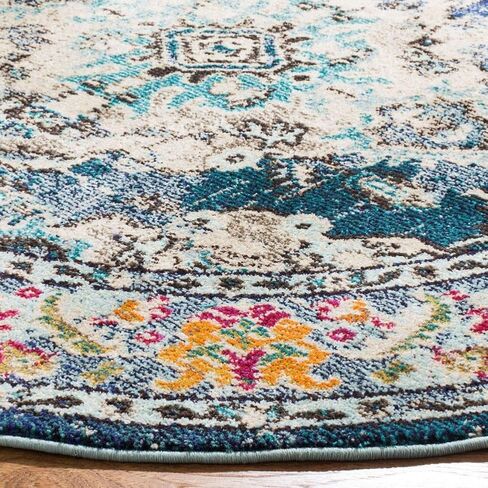 SAFAVIEH Monaco Collection Area Rug - 8' Round, Navy & Light Blue, Boho Chic Medallion Distressed Design, Non-Shedding & Easy Care, Ideal for High Traffic Areas in Living Room, Bedroom (MNC243N) in Saudi Arabia