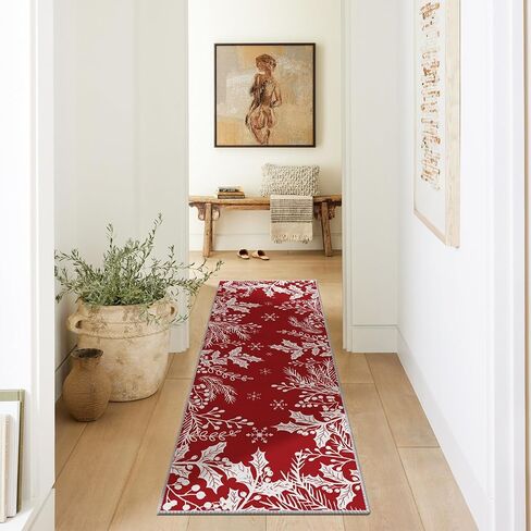 Artoid Mode Red Holly Snowflakes Christmas Area Rug, Xmas Winter Home Decor Low-Profile Non-Slip Washable Door Mat for Entryway Bedroom Living Room Laundry Room Indoor 2x6 Feet in Saudi Arabia