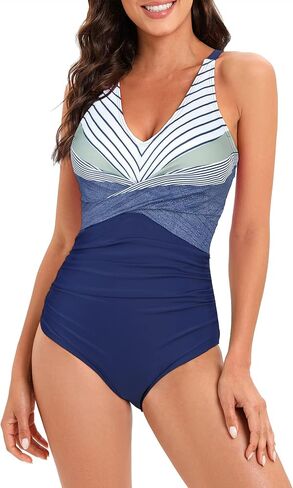 One Piece Bathing Suit for Women Front Cross Athletic Tummy Control Swimsuits V Neck Slimming Swimwear Navy Blue Stripes L 03New in Saudi Arabia