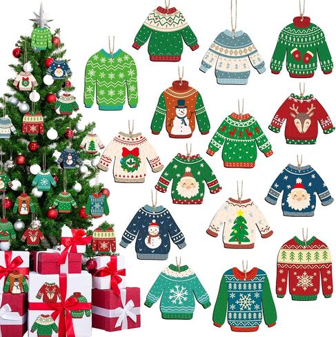 30 Pcs Ugly Sweater Ornament Wooden Christmas Sweater Ornaments Winter Sweater Hanging Ornament with Lanyard for Christmas Party Decoration Winter Sweater Holiday Xmas Party in Saudi Arabia