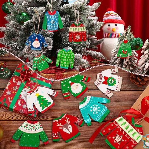 30 Pcs Ugly Sweater Ornament Wooden Christmas Sweater Ornaments Winter Sweater Hanging Ornament with Lanyard for Christmas Party Decoration Winter Sweater Holiday Xmas Party in Saudi Arabia