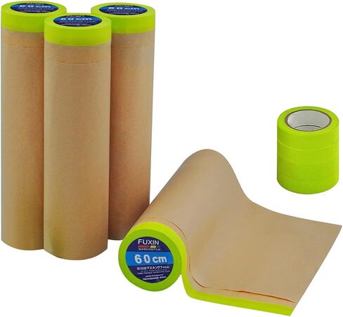 Premium Paint Masking Paper, 12 Inch x 50 Feet Pre-Taped Adhesive Masking Paper for Painting, 4 Rolls Tape and Drape Masking Paper and Come with 4 Rolls Auto Body Paint Tape in Saudi Arabia
