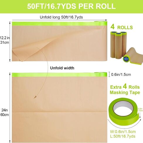 Premium Paint Masking Paper, 12 Inch x 50 Feet Pre-Taped Adhesive Masking Paper for Painting, 4 Rolls Tape and Drape Masking Paper and Come with 4 Rolls Auto Body Paint Tape in Saudi Arabia