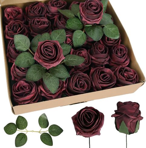 Burgundy Rose Artificial Flowers 25pcs High-Centered Real Looking Foam Fake Roses with Stems for DIY Wedding Bouquets Baby Shower Centerpieces Arrangements Party Tables Home (Burgundy) in Saudi Arabia