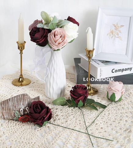 Burgundy Rose Artificial Flowers 25pcs High-Centered Real Looking Foam Fake Roses with Stems for DIY Wedding Bouquets Baby Shower Centerpieces Arrangements Party Tables Home (Burgundy) in Saudi Arabia