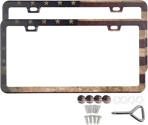American Flag License Plate Frames for Car, Patriotic USA Stars and Stripes with Screws and Screw Covers, License Plate Frame Holders, Vintage Style (2 Pack) in Saudi Arabia