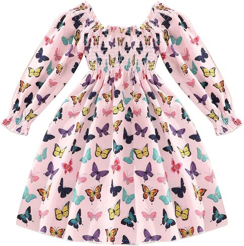 فستان بناتي كاجوال برقبة مربعة وأكمام طويلة وفساتين للأطفال الصغار مقاس 3-7T in Kuwait