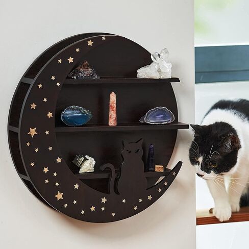 HOP SKIP Cat Moon Shelf for Crystals - Essential Oils & Crystal Display Shelf - 15.75" x 2.76" - Floating Crystal Shelf Display for Cat Lovers – Moon Cat Shelf - Wiccan Décor in Saudi Arabia