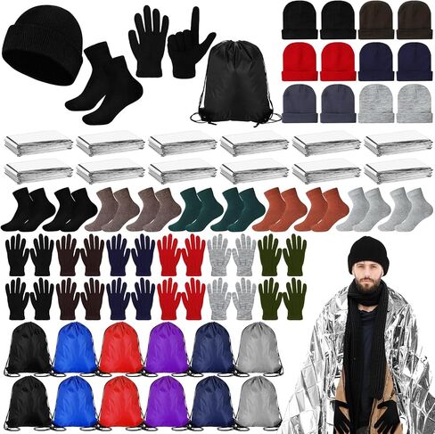 60 Pcs Homeless Care Package Supplies Winter Beanie Gloves Sock Drawstring Bags Emergency Blankets for Men Women in Saudi Arabia
