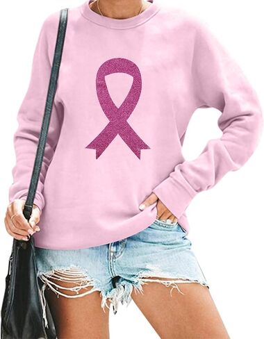 UNIQUEONE سويت شيرت للتوعية بسرطان الثدي للنساء: سويت شيرت بشريط وردي، قمصان لسرطان الثدي، بلوفر ناجي من السرطان، بلوفر علوي in Kuwait