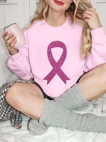 UNIQUEONE سويت شيرت للتوعية بسرطان الثدي للنساء: سويت شيرت بشريط وردي، قمصان لسرطان الثدي، بلوفر ناجي من السرطان، بلوفر علوي in Kuwait