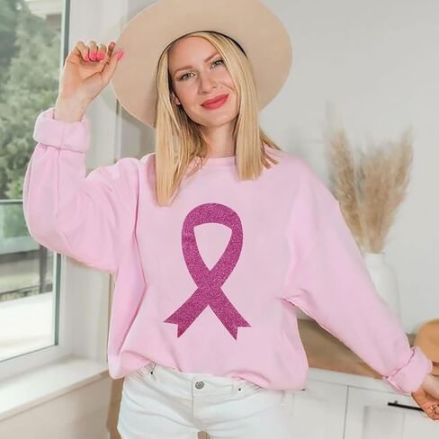 UNIQUEONE سويت شيرت للتوعية بسرطان الثدي للنساء: سويت شيرت بشريط وردي، قمصان لسرطان الثدي، بلوفر ناجي من السرطان، بلوفر علوي in Kuwait