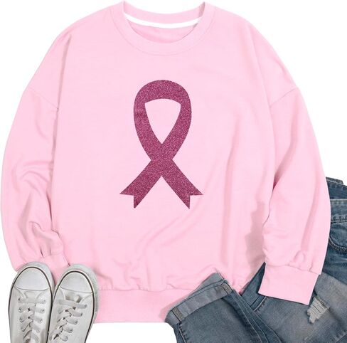 UNIQUEONE سويت شيرت للتوعية بسرطان الثدي للنساء: سويت شيرت بشريط وردي، قمصان لسرطان الثدي، بلوفر ناجي من السرطان، بلوفر علوي in Kuwait
