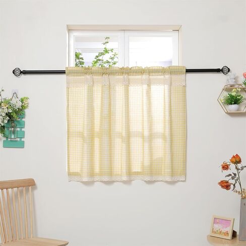 ستارة منقوشة من الكتان بطبقة مزدوجة من الدانتيل، نصف ستارة نصف شفافة للخصوصية، ستارة حمام للمطبخ، بني، قطعة واحدة 56 × 36 in Kuwait