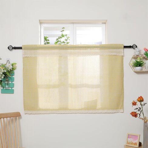 ستارة منقوشة من الكتان بطبقة مزدوجة من الدانتيل، نصف ستارة نصف شفافة للخصوصية، ستارة حمام للمطبخ، بني، قطعة واحدة 56 × 36 in Kuwait