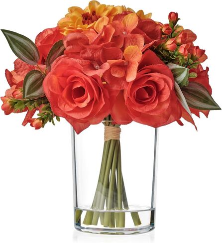 باقة الخريف المعروفة جيدًا من الزهور الصناعية في مزهرية، زهور الداليا الحريرية الحمراء مع تنسيقات قطع مركزية لديكور الخريف والزهور الاصطناعية مع مزهرية لتزيين المنزل في عيد الشكر in Kuwait