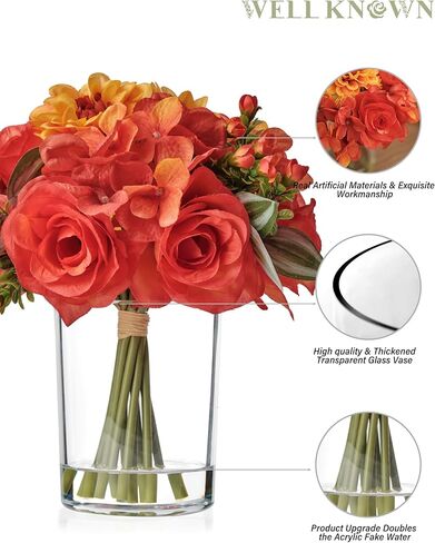 باقة الخريف المعروفة جيدًا من الزهور الصناعية في مزهرية، زهور الداليا الحريرية الحمراء مع تنسيقات قطع مركزية لديكور الخريف والزهور الاصطناعية مع مزهرية لتزيين المنزل في عيد الشكر in Kuwait