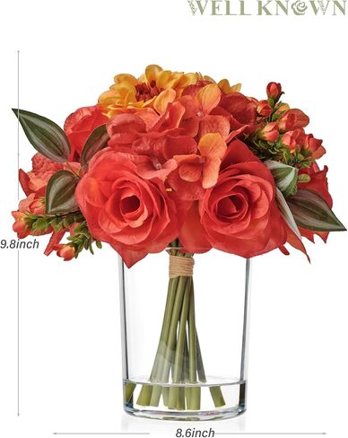 باقة الخريف المعروفة جيدًا من الزهور الصناعية في مزهرية، زهور الداليا الحريرية الحمراء مع تنسيقات قطع مركزية لديكور الخريف والزهور الاصطناعية مع مزهرية لتزيين المنزل في عيد الشكر in Kuwait