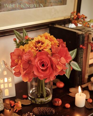 باقة الخريف المعروفة جيدًا من الزهور الصناعية في مزهرية، زهور الداليا الحريرية الحمراء مع تنسيقات قطع مركزية لديكور الخريف والزهور الاصطناعية مع مزهرية لتزيين المنزل في عيد الشكر in Kuwait