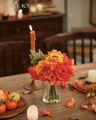 باقة الخريف المعروفة جيدًا من الزهور الصناعية في مزهرية، زهور الداليا الحريرية الحمراء مع تنسيقات قطع مركزية لديكور الخريف والزهور الاصطناعية مع مزهرية لتزيين المنزل في عيد الشكر in Kuwait