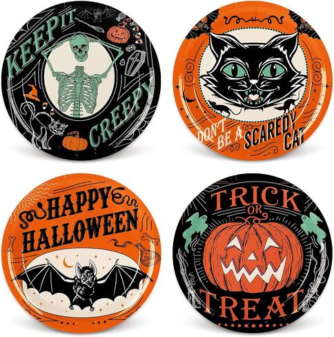 Whaline Halloween Paper Plates Vintage Orange Black Disposable Dinner Plates Black Cat Pumpkin Bat Skeleton 9 Inch Dinnerware Plate for Party Supplies Table Decor, 40Pcs in Saudi Arabia