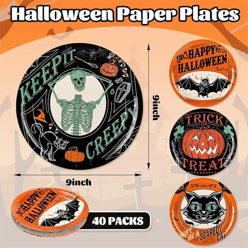 Whaline Halloween Paper Plates Vintage Orange Black Disposable Dinner Plates Black Cat Pumpkin Bat Skeleton 9 Inch Dinnerware Plate for Party Supplies Table Decor, 40Pcs in Saudi Arabia
