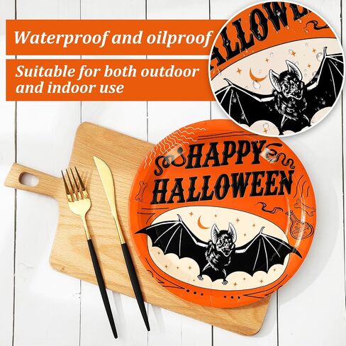 Whaline Halloween Paper Plates Vintage Orange Black Disposable Dinner Plates Black Cat Pumpkin Bat Skeleton 9 Inch Dinnerware Plate for Party Supplies Table Decor, 40Pcs in Saudi Arabia