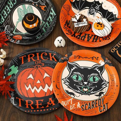 Whaline Halloween Paper Plates Vintage Orange Black Disposable Dinner Plates Black Cat Pumpkin Bat Skeleton 9 Inch Dinnerware Plate for Party Supplies Table Decor, 40Pcs in Saudi Arabia