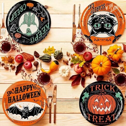 Whaline Halloween Paper Plates Vintage Orange Black Disposable Dinner Plates Black Cat Pumpkin Bat Skeleton 9 Inch Dinnerware Plate for Party Supplies Table Decor, 40Pcs in Saudi Arabia