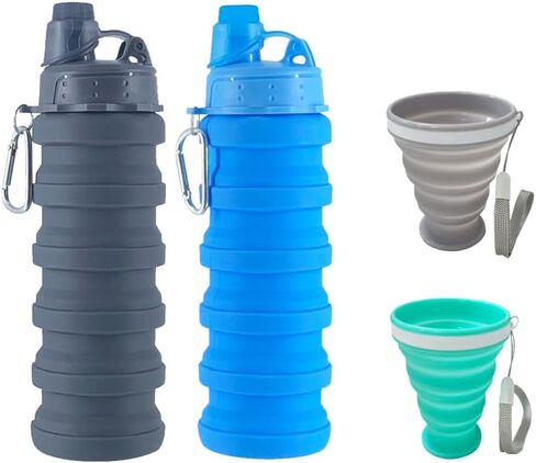 Collapsible Water Bottles 500 ml 2 pack with silicone collapsible cup 200 ml 2 pack,Travel Water Bottle Portable Hiking Water Bottle Reusable BPA Free Silicone Water Bottles.(Colorful) in Saudi Arabia