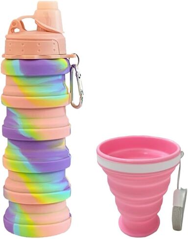 Collapsible Water Bottles 500 ml 2 pack with silicone collapsible cup 200 ml 2 pack,Travel Water Bottle Portable Hiking Water Bottle Reusable BPA Free Silicone Water Bottles.(Colorful) in Saudi Arabia