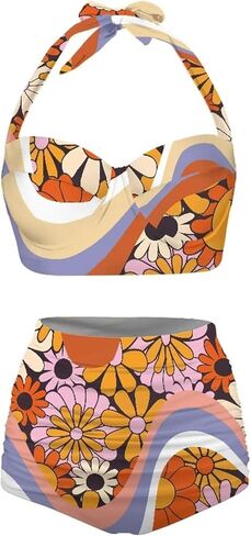 Women Two Piece Bikini Set Swimsuit Halter Ruched High Waist Bikini with Bottom in Kuwait