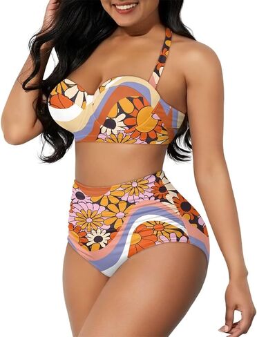 Women Two Piece Bikini Set Swimsuit Halter Ruched High Waist Bikini with Bottom in Kuwait