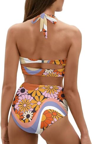 Women Two Piece Bikini Set Swimsuit Halter Ruched High Waist Bikini with Bottom in Kuwait